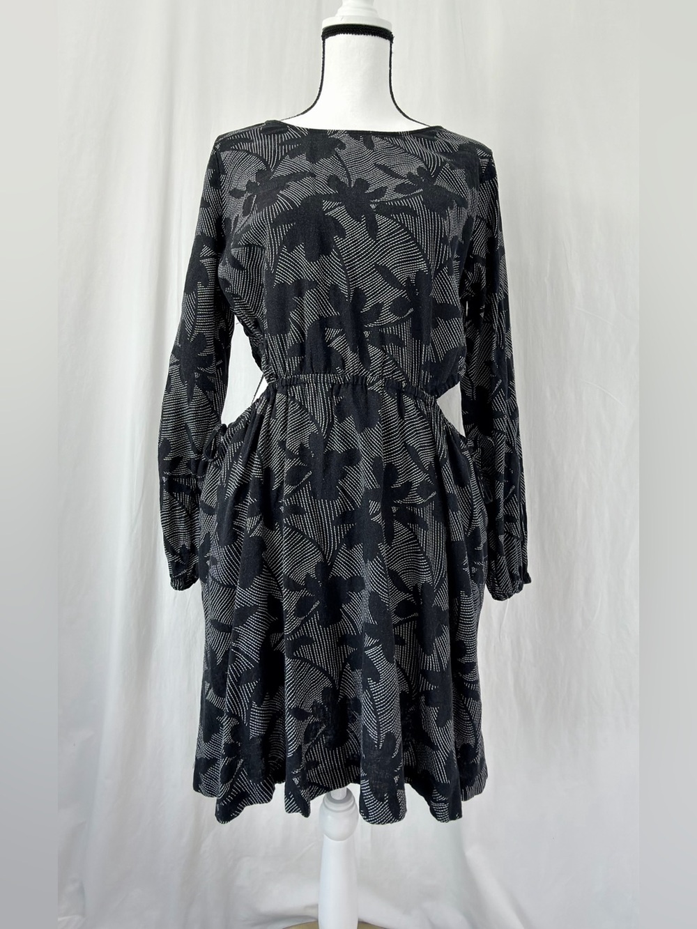 Linen Balloon Sleeve Side Cut Out Dress Universal Thread Black Floral Sz Large